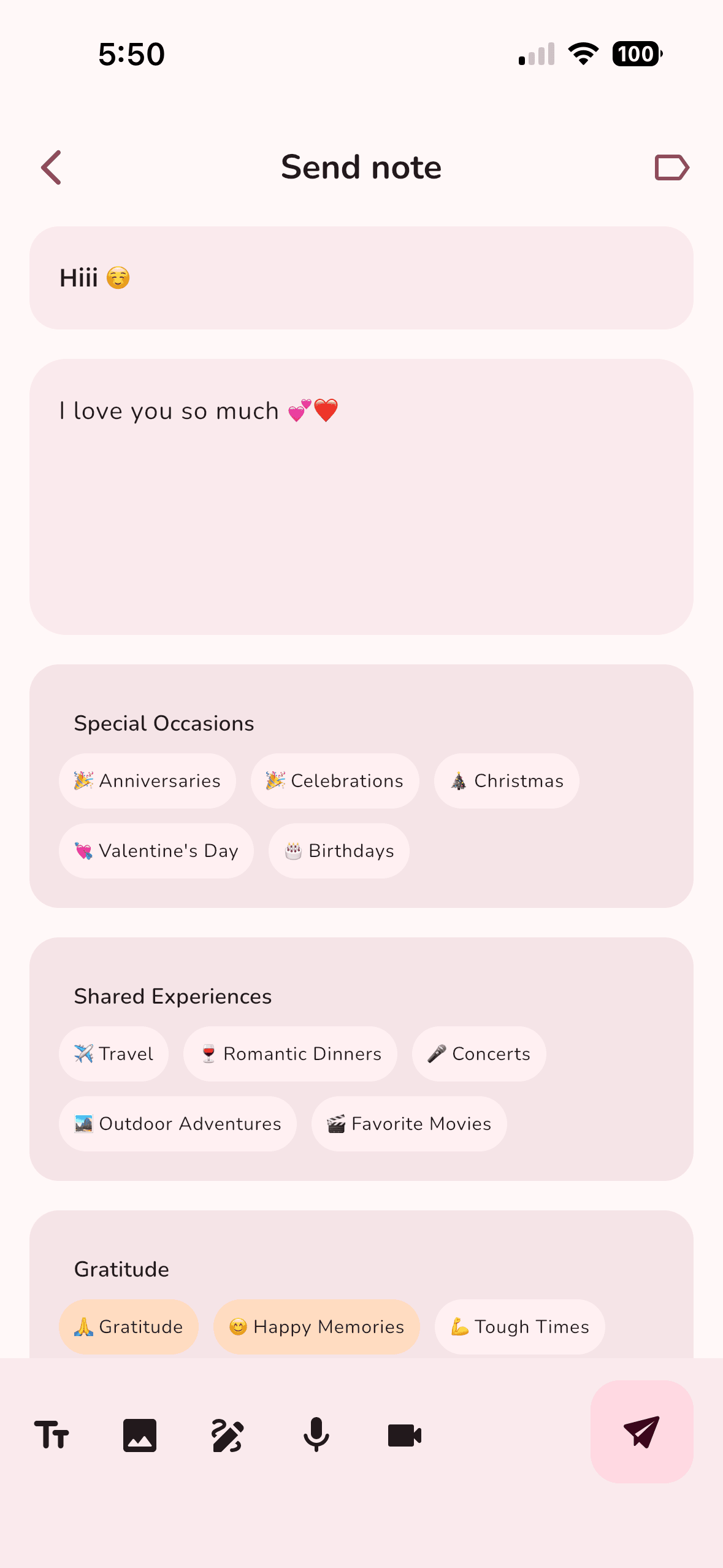 Compose a text note with categories and moods