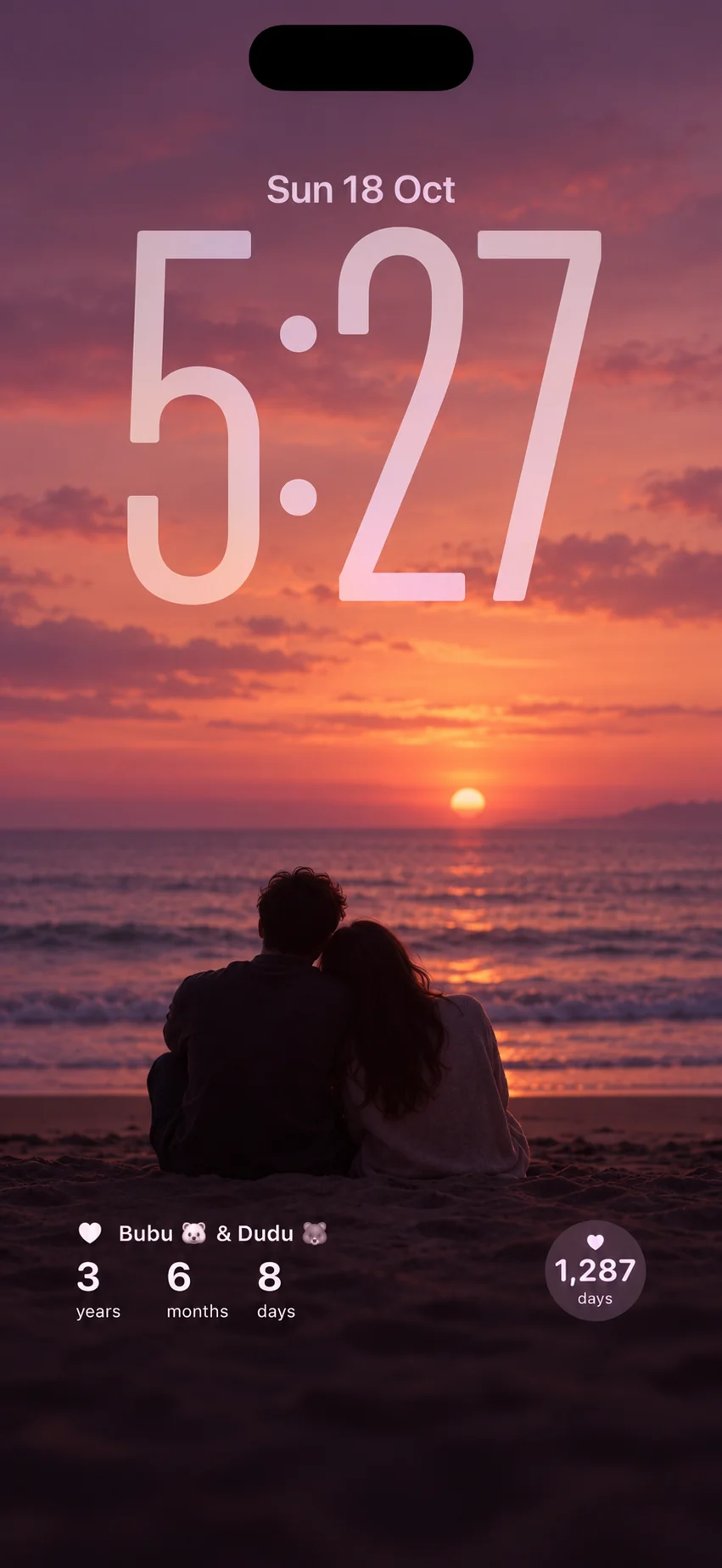 Love Notes time-together widgets on an iPhone Lock Screen