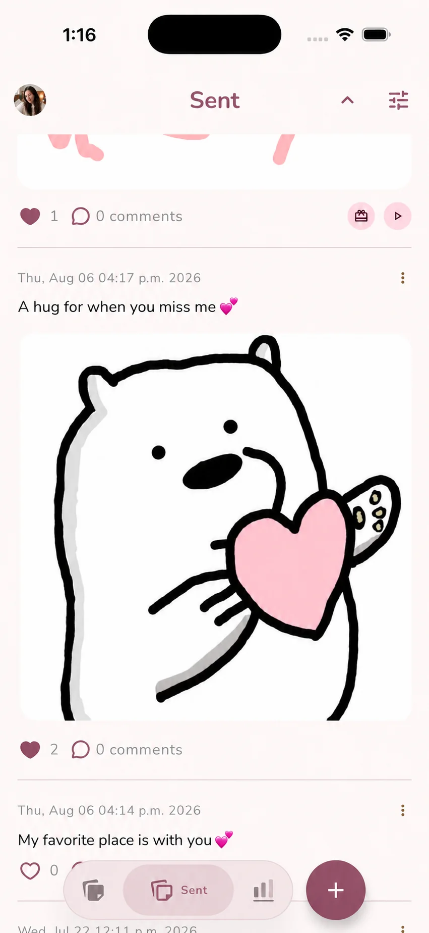 Sent love note with a bear and a hug in Love Notes