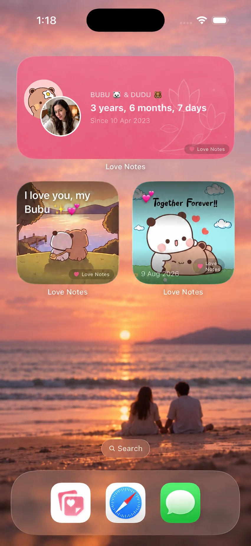 Love Notes widgets with love notes and time together on a romantic wallpaper